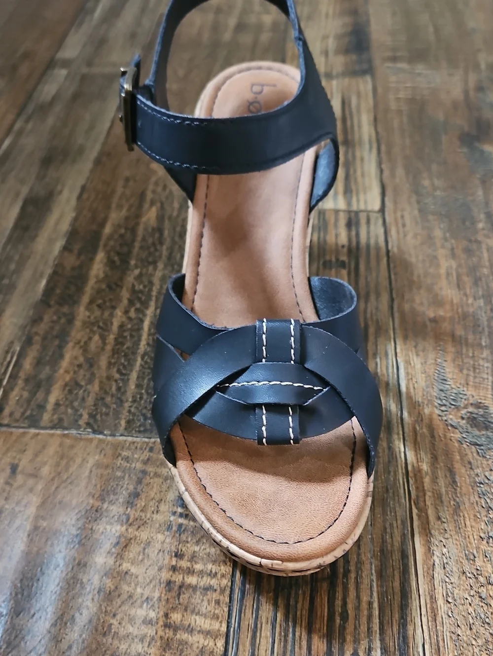 b.o.c Black‎ Leather Women's Cork Wedge Sandals - Ankle Strap Slingback